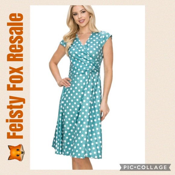Chic Teal and White Polka Dot Midi Dress - Picture 2 of 12